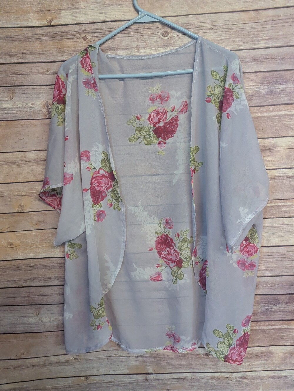 Floral Sheer Kimono Cardigan Women’s Small Gray Rose Open Front Lightweight